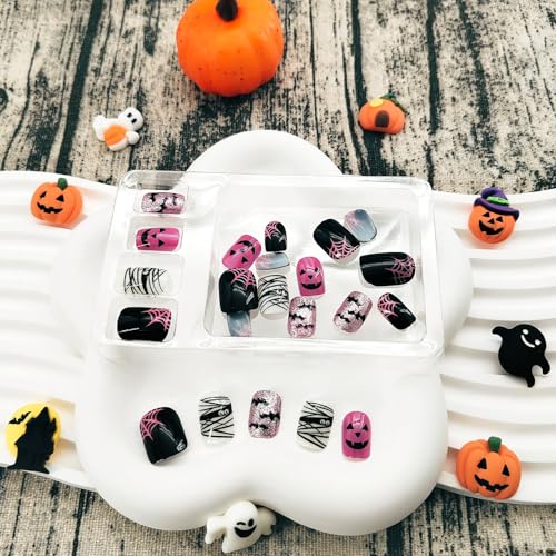 Halloween Press On Nails Short Square Fake Nails Ghost Spider Web Bat