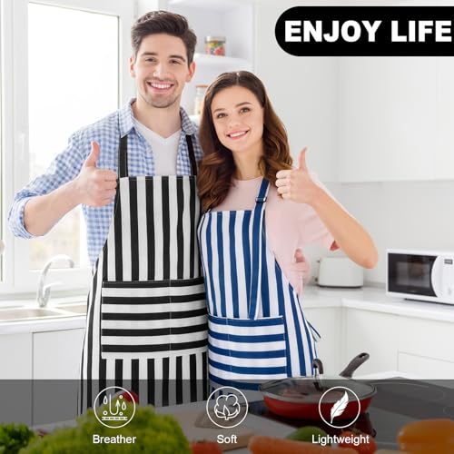 2 Pack Striped Kitchen Aprons with Pockets - Waterproof & Adjustable