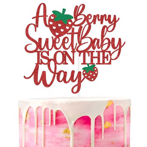 A Berry Sweet Baby is on the Way Red Glitter Cake Topper for Parties