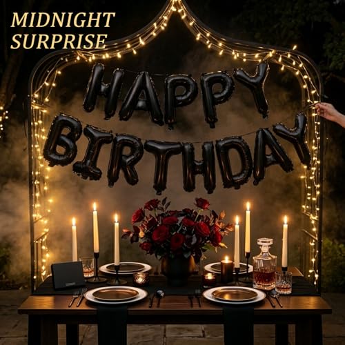 Black Happy Birthday Balloons Banner - 16-inch Foil Party Decorations