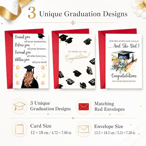 Class of 2026 Graduation Card Set - 3 Unique Cards with Envelopes
