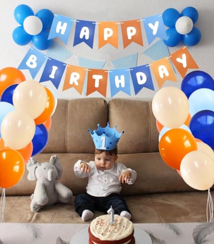 Blue and Orange Happy Birthday Banner for Kids Party Decor