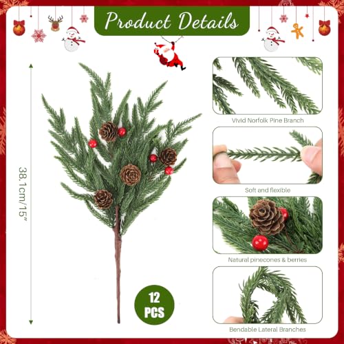 Christmas Norfolk Pine Stems with Pinecones and Red Berries - Dark Green, 12 Pack