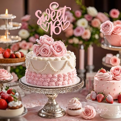 Rose Gold Glitter 16th Birthday Cake Topper - Sweet 16 Decoration