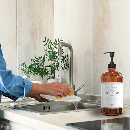 Sunrise Premium 16 oz Amber Glass Soap Dispenser Set with Black Plastic Pump