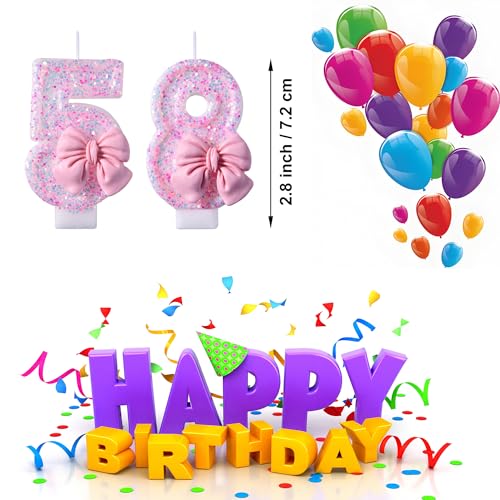58th 85th Birthday Candles with Pink Glitter Bow - Elegant Cake Topper