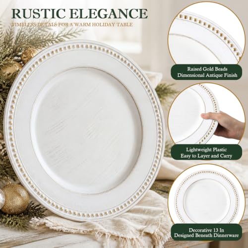 Farmhouse White Christmas Charger Plates Set of 6 - 13 Inch Beaded Plastic Dinnerware