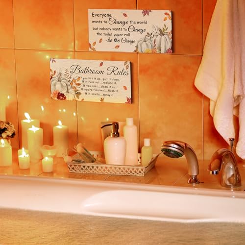 Fall Bathroom Decor - 2 Pcs Rustic Autumn Signs with Hangers