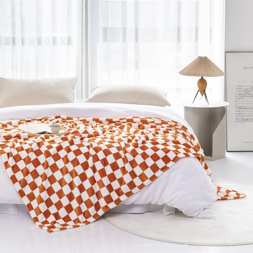 Orange Flannel Throw Blanket with Checkerboard Pattern - 90x110 inches, Soft & Warm for Couch & Bed