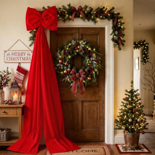 Giant Red Velvet Christmas Bow for Indoor Outdoor Decor - 6.6ft Streamers