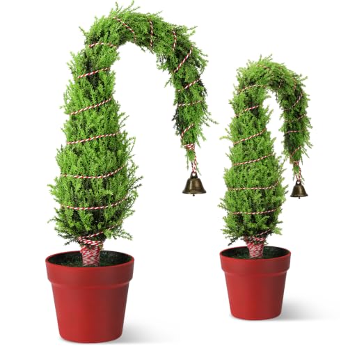 Whimsical Bent Top Mini Christmas Tree with Bell Ornament - Potted Holiday Decor