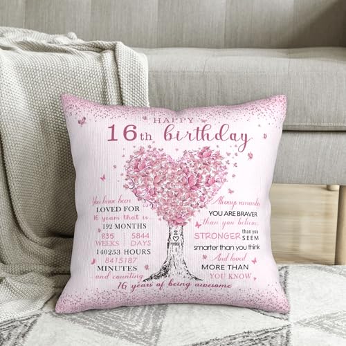 Sweet 16 Birthday Pillow Cover - Pink Heart Tree Design, 18x18
