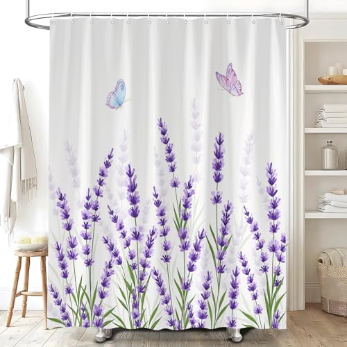 Lavender Floral Shower Curtain - 70x70 inch Polyester Bathroom Decor Set with Hooks