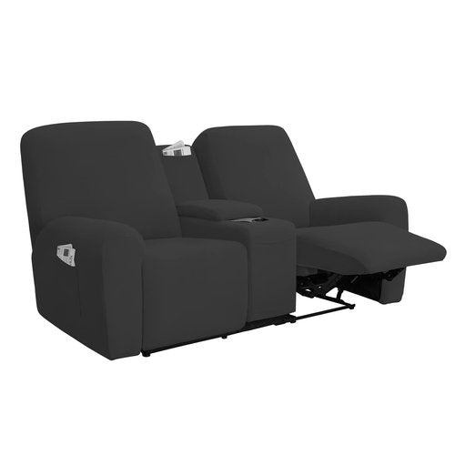 Easy-Going Stretch Recliner Loveseat Cover with Center Console Sofa Slipcover Soft Fitted Fleece 2 Seats Couch with Holder and Storage Washable Furniture Protector Dark Gray