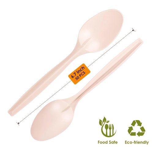 Disposable Spoons, 100% Compostable Soup Spoons, Cornstarch Based Large Disposable Utensils 6.7" Durable and Heat Resistant, Alternative to Plastic Spoons Party Supplies (50 Count)