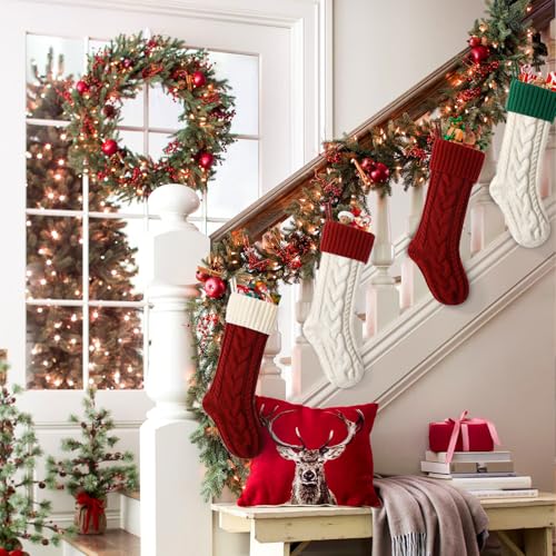 Christmas Stockings Set 18 Inch Cable Knit Holiday Hanging Stockings - Red White 3 Pack