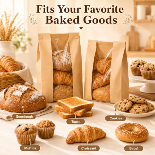 24 Pack Sourdough Bread Storage Bags - Food-Grade Kraft Paper with Window