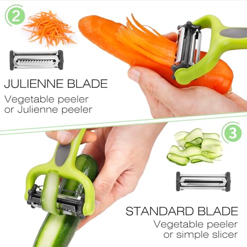 Senbowe Green Julienne Peeler - 3-in-1 Vegetable & Fruit Peeler