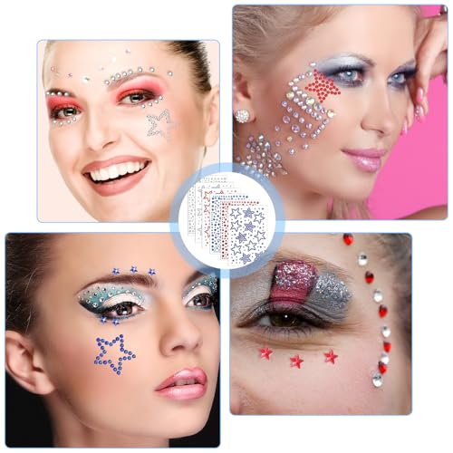 Macuezu 6 Sheets Self-Adhesive Face Gems Star Rhinestone Stickers