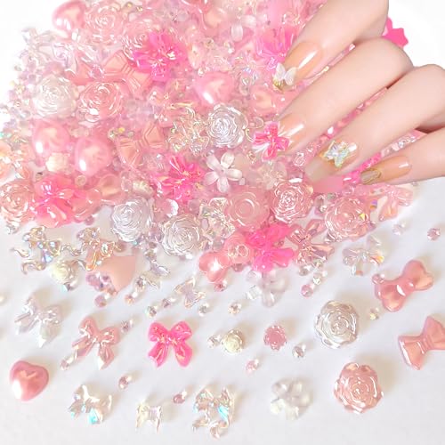 Euddty 3D Nail Art Charms and Rhinestones Set - 600 Pcs Flatback Resin Bowknots Flowers Butterflies Pearls for DIY Crafts