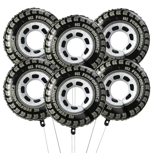30-Inch Race Car Tire Balloons - 6 Pack Checkered Foil Wheel Decorations