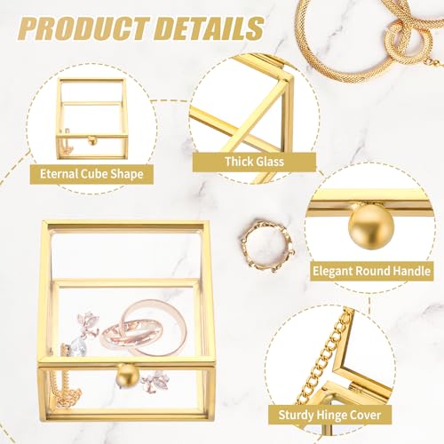 Gold Glass Jewelry Box - Square Decorative Storage for Rings & Keepsakes