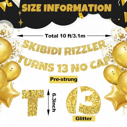 Skibidi Rizzler Turns 13 No Cap Banner - Glitter Birthday Decor