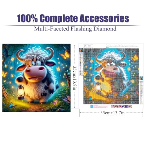 Highland Cow Diamond Painting Kit - 5D DIY Gem Art 14x14 Inch