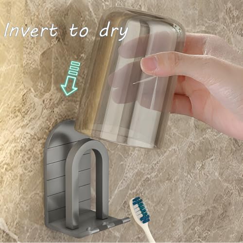 HOOALEE Wall Mounted Toothbrush Holder Set - Black Self-Adhesive Bathroom Organizer with 2 Cups