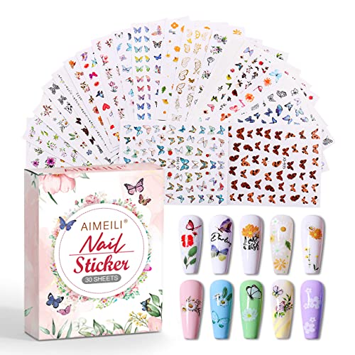 AIMEILI 30 Sheets 3D Butterfly & Flower Nail Art Stickers Self-Adhesive Decals