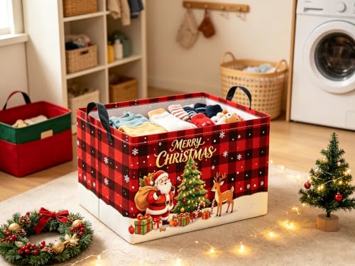 Rectangular Christmas Basket Checkered Christmas Storage Basket Collapsible Portable Organizer