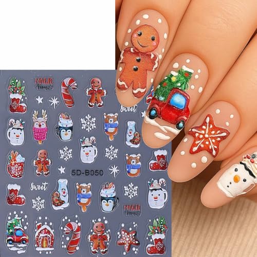 SWEET TREND 3D Christmas Nail Art Stickers - 4 Sheets Embossed Holiday Decals