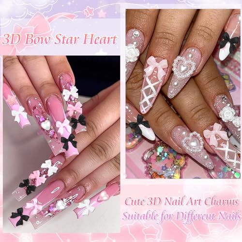 RODAKY Bow Nail Charms with Flatback Pearls and Resin Bowknot Set