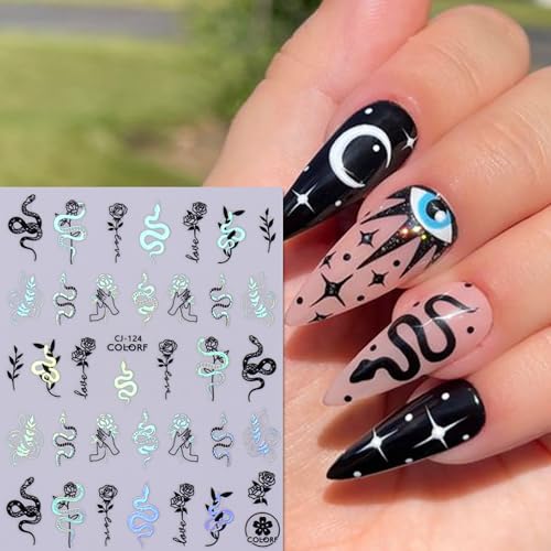 TBRZTR 8 Sheets Laser Silver Nail Art Stickers 3D Self-Adhesive Sun Moon Flower Decals