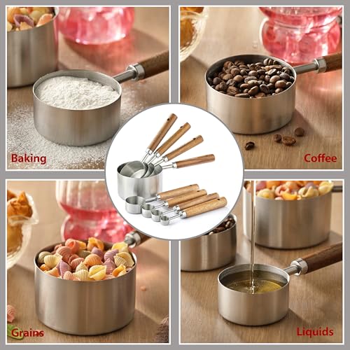 8-Piece Stainless Steel Measuring Cups and Spoons Set with Wood Handles