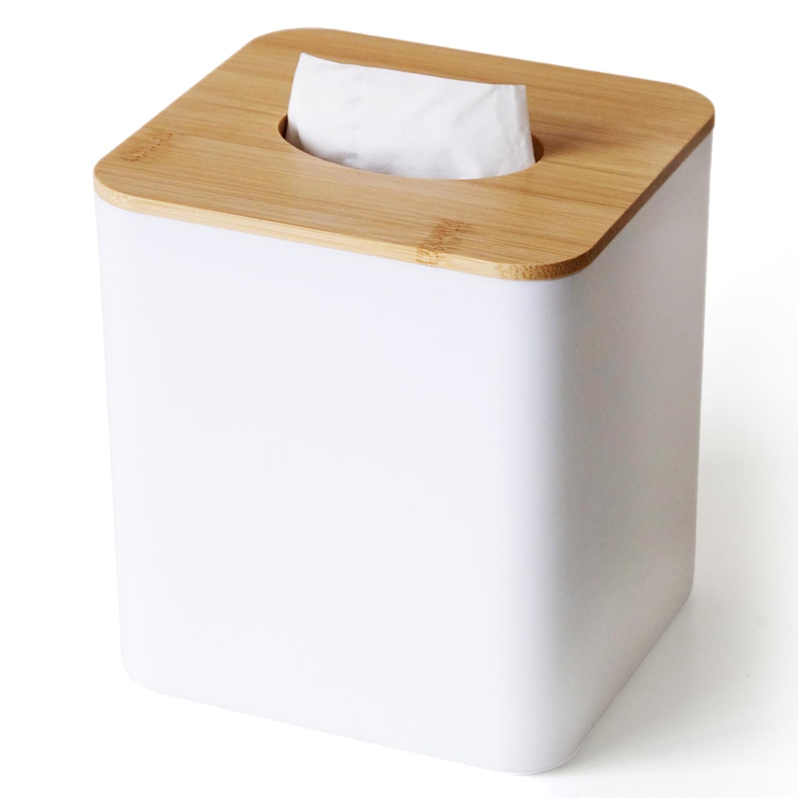 Tissue Box Cover Square, White Tissue Box Holder with Bamboo Cover Plate, Cube Tissue Box Cover for Desk Accessories, Tissue Holders Decorative Square Tissue Box Tissue Holders for Bathrooms Bedrooms
