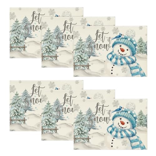 12x18 Inch Blue Snowman Christmas Placemat Set of 6 - Let It Snow Holiday Table Decor