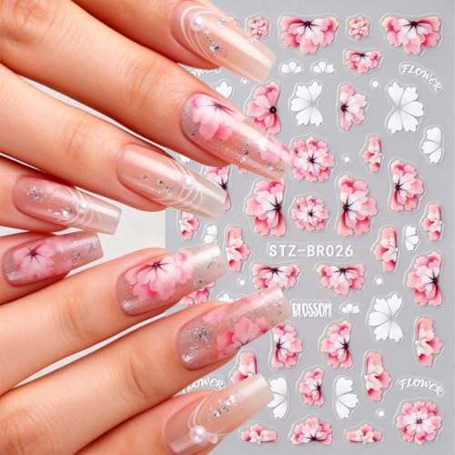 3D Floral Nail Stickers Embossed Cherry Blossom Daisy Decals - 3 Pcs