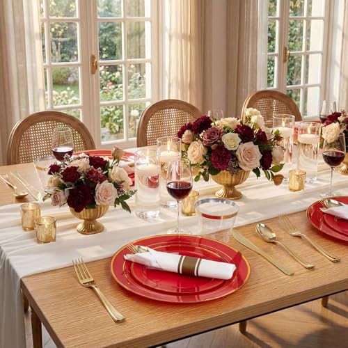 Red Plastic Party Plates Set 175 Pieces with Gold Rim Disposable Dinner & Dessert Plates, Cups & Napkins - Variation of THIS listing