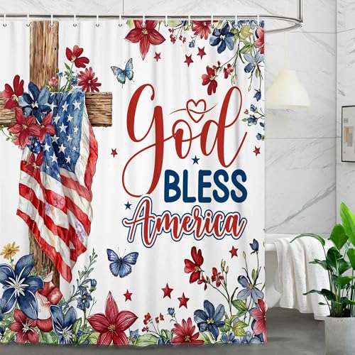 BATRUG Patriotic American Flag Shower Curtain - 70x70in Floral Cross