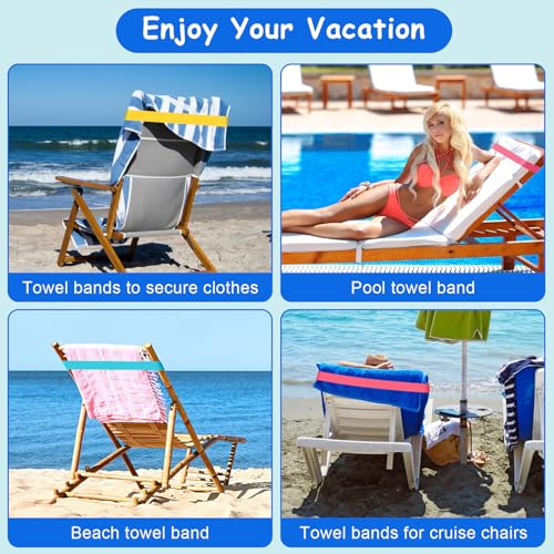5 Pack Beach Towel Bands Beach Towel Clips for Cruise Chairs, Pool Chairs Towel Strap Towel Holder Cruise Ship Essentials Elastic Towel Band Beach Accessories for Women Men