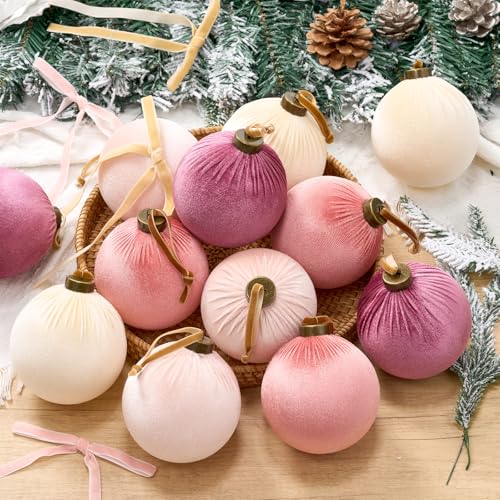 Pink Velvet Christmas Ornaments Set - 36 Pieces, 4 Inch Decorations with Bows