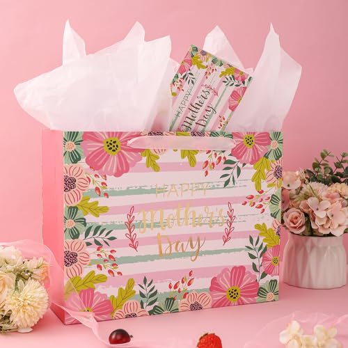 Large Mother's Day Gift Bag with Card & Tissue Paper - Floral Design