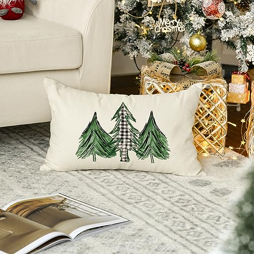 Watercolor Christmas Tree Throw Pillow Cover - 12x20 Inch Buffalo Plaid