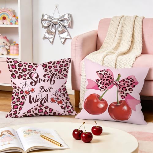 Set of 2 Pink Bow Leopard Velvet Throw Pillow Covers - 18x18