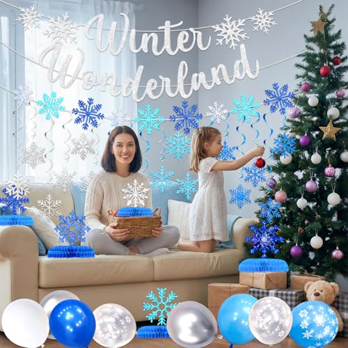 Winter Wonderland Snowflake Party Decorations Set - 62 Pcs Christmas & Holiday Hanging Decor