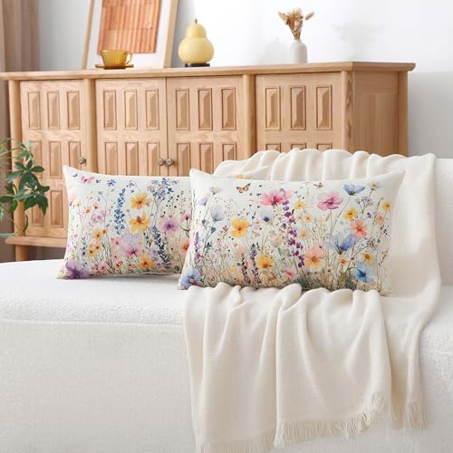 Floral Spring Summer Throw Pillow Covers 12x20 Inch, Set of 2