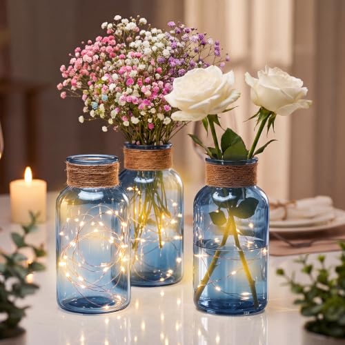 Dark Blue Mason Jars Set of 12 - Glass Flower Vase Centerpieces with Jute Tie