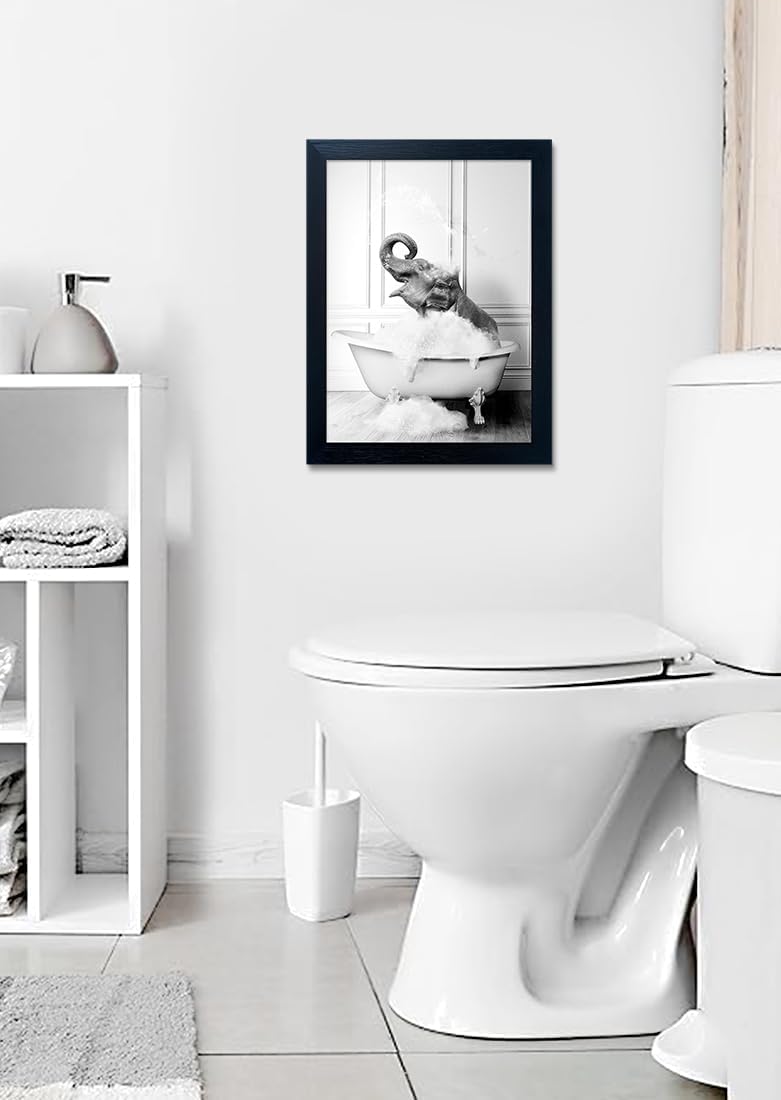 Regine Switzerland Elephant in Bathtub Canvas Print - Funny Black & White Bathroom Wall Art