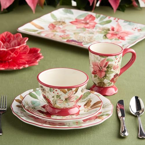 Winter Blooms 16-Piece Holiday Dinnerware Set - Floral Plates, Mugs & Bowls for Christmas